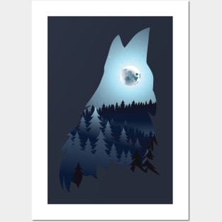 Wolf Howling with Forest blue moon Posters and Art